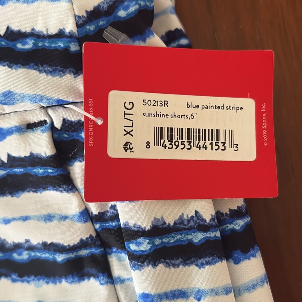 NWT! SPANX sunshine short. Blue painted stripe. Inseam: 4”=S&M. 6”=XL. $68 - Picture 13 of 15